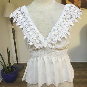 PAPAYA Embroidered Top Tank V-Neck Smocked Flared Sleeveless Casual Beige S